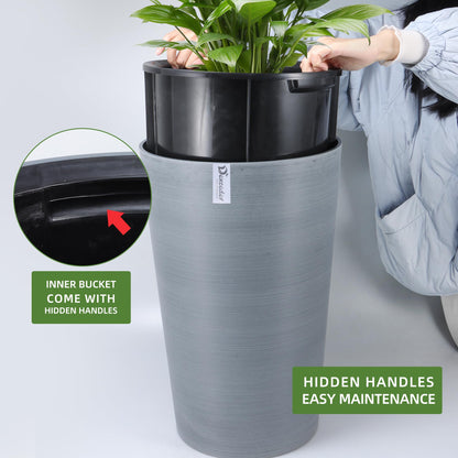 Dexceder 16x12 Tall Self Watering Planter High Cylinder Indoor Outdoor, Thickened Large Floor Standing Flower Plant Pot with Water Level Indicator (Gray, Wire Drawing)