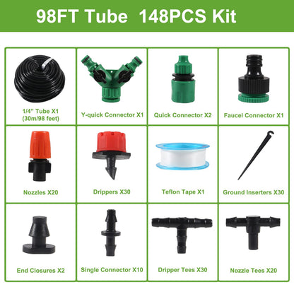 98FT Drip Irrigation System, Micro Garden Drip Irrigation System with 1/4 inch Tubing & Adjustable Misting Nozzle Sprinkler, Automatic Watering System for Greenhouse, Yard, Lawn, Plant