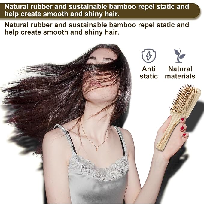 Bamboo Wood Hair Brush Large Paddle for Women, Natural Bamboo Wooden Bristles Scalp Massager, Flat Detangling Hairbrush Fit All Types Hair