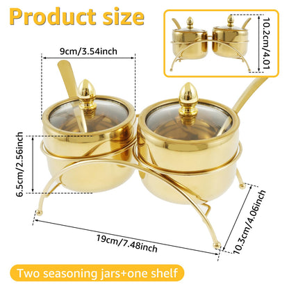 Luxury Gold Sugar Bowl Set with Spoons, 3-Piece Retro 304 Stainless Steel Seasoning Box for Coffee Bar Decor, Elegant Condiment Pots with Clear Glass Lid & Serving Tray for Salt, Candy, Cube Sugar