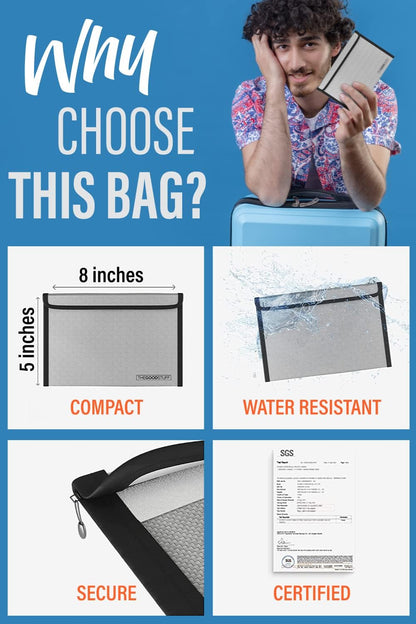 Fireproof Document Bag Envelope Size: 8" x 5" [2000°F UL Certified] Fireproof Cash Bags with Zipper Small Water and Fire Resistant Money Bag for Cash Storage, Fireproof Bags for Cash Fire Proof