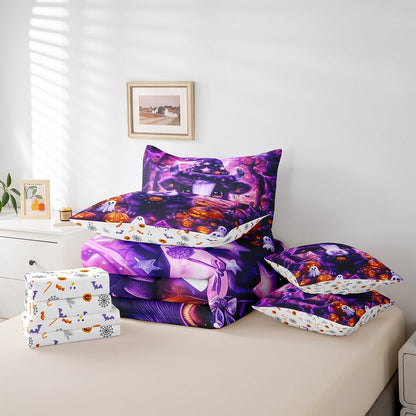 Erosebridal Halloween Highland Cattle Twin Comforter Set 7 Piece for Kids Boys Girls Pumpkin Lantern White Ghost Bed in A Bag with Sheetscartoon Gothic Bedding Set Purple Goth Bed Set