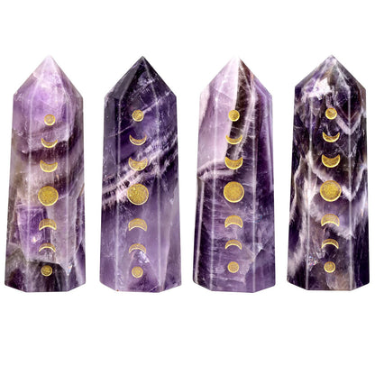 Rockcloud Moon Phase Engraved Crystal Point, Lunar Eclipse Hexagonal Wand Pocket Stone for Reiki Meditation Home Decoration, Amethyst