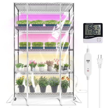 Bstrip Indoor Greenhouse with Grow Light, 5-Tier 47.2"x17.8"x71" Metal Plant Cabinet with Timer & Cover, 4 x 36W Full Spectrum LED Grow Light (3 Color Modes), Seed Starting Trays for Indoor Gardening