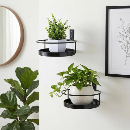 Afcabakila 2 Pcs Wall Mounted Plant Holder, Black Metal Flower Pot Hanger for IIndoor Outdoor Decorative Floating Shelves Planter Hanger Racks, Iron Wall Shelf with Ring for Balcony Living Room Decor