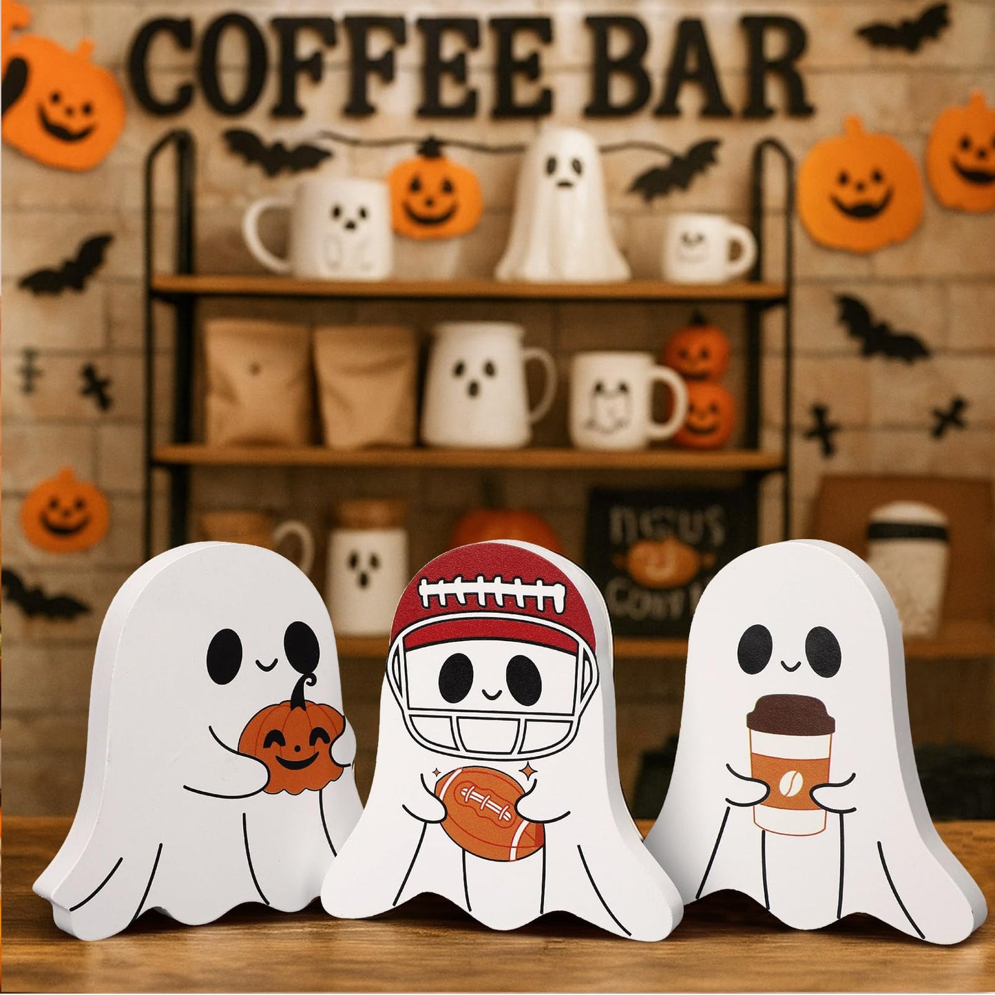 Geelin 3 Pcs Halloween Coffee Bar Ghost Decor Cute Halloween Kitchen Decorations Coffee Bar Wooden Tiered Tray Table Sign Football Pumpkin Tabletop Centerpiece for Home Office Freshly Shelf Display