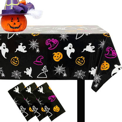 Ymsone 3 Pack Halloween Spider Web Tablecloths Plastic, 54 x 108 Inch Disposable Rectangle Table Cover for Halloween Party Decorations Indoor, Black Pumpkin Ghost Witch Table Cloth