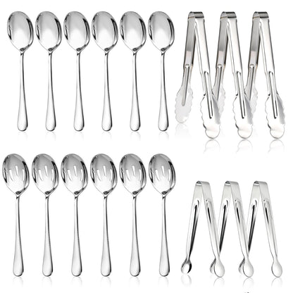 Mwellewm 18Pcs Serving Utensils, Serving Spoons for Buffet, Serving Tongs for Food, Slotted Spoons, Stainless Steel Banquet Cutlery Set for Parties Weeding Birthday Entertaining Catering(Silver)