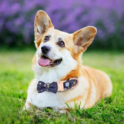 Dog Collar and Leash Set Adjustable Girls Puppy Floral Collars with Bow Tie for Small Medium Large Dogs(XS, Blue Planet)