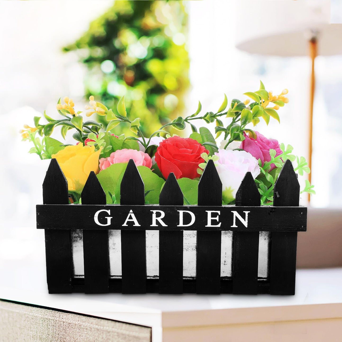Hemoton Rectangular Wooden Planter Box Flower Arrangement Container Creative Fence Flowerpot for Indoor Outdoor Home Decor Black Patio Garden