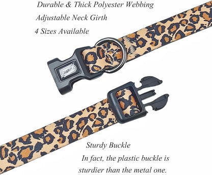 Dog Collar Leash Set, Leopard Pattern, Polyester Material, Adjustable Collar and 5ft Matching Leash, for Large Dogs.(L, Brown Leopard)