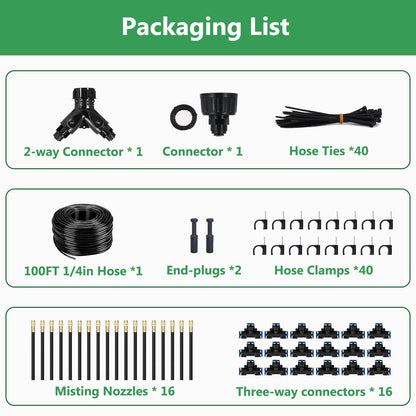 100FT Drip Irrigation System, 1/4 Inch Hose with 360° Adjustable Copper Nozzles – Garden Watering Kit for Lawn, Raised Beds, Greenhouse & Yard