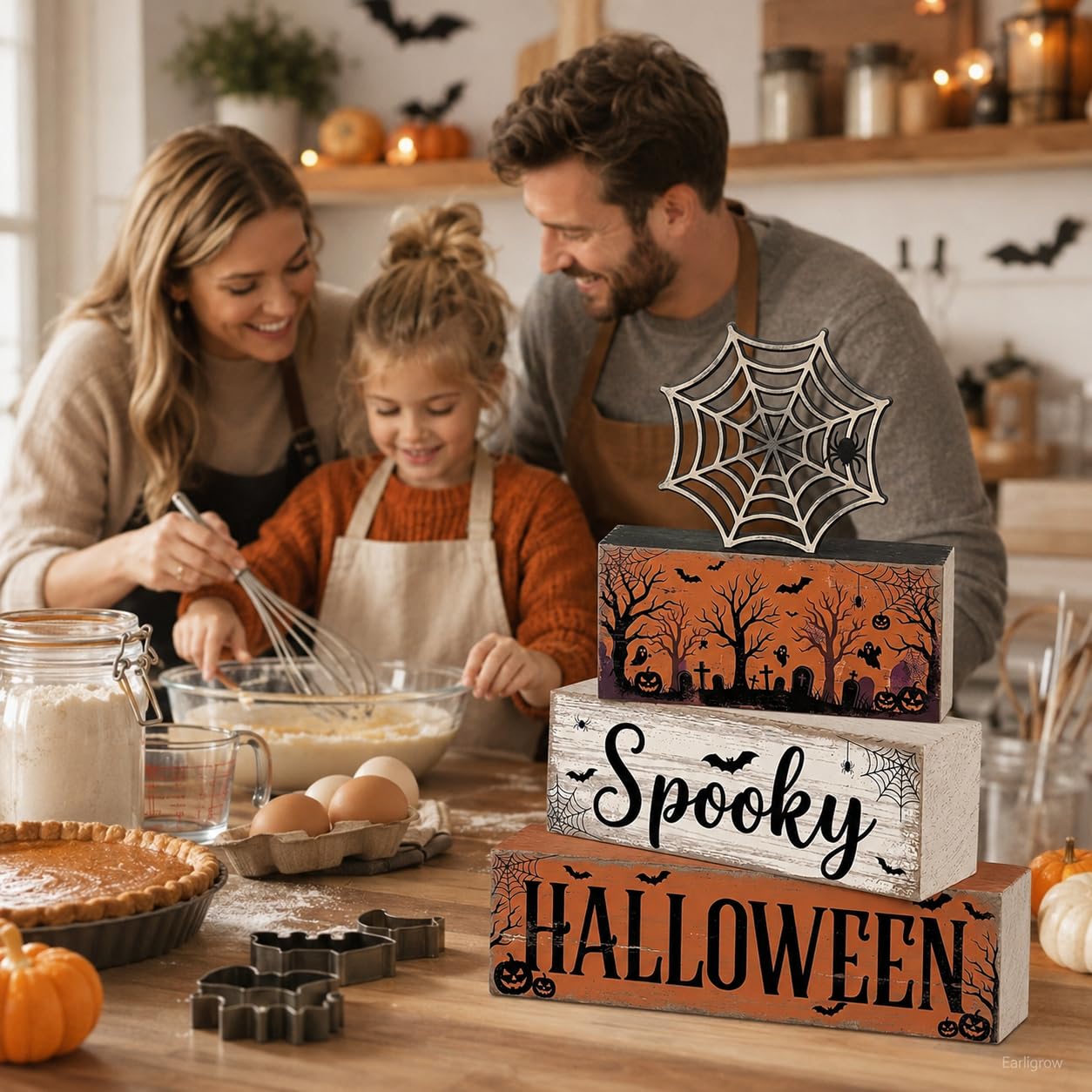 4 Pcs Halloween Table Decorations, Spider Web Tiered Tray Decor, Farmhouse Rustic Wooden Block Signs, Spooky Halloween Tabletop Centerpiece for Home Kitchen Shelf Office Mantel