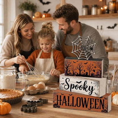 4 Pcs Halloween Table Decorations, Spider Web Tiered Tray Decor, Farmhouse Rustic Wooden Block Signs, Spooky Halloween Tabletop Centerpiece for Home Kitchen Shelf Office Mantel
