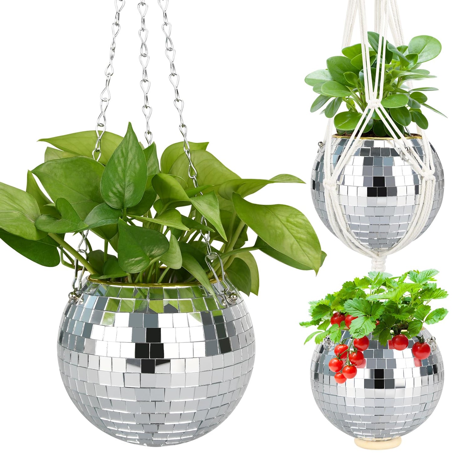 FGBNM 6" Disco Ball Planter, Disco Ball Plant Hanger with Hanging Rope, Hanging Chain, Hook, Circle and Extra Mirror Pieces