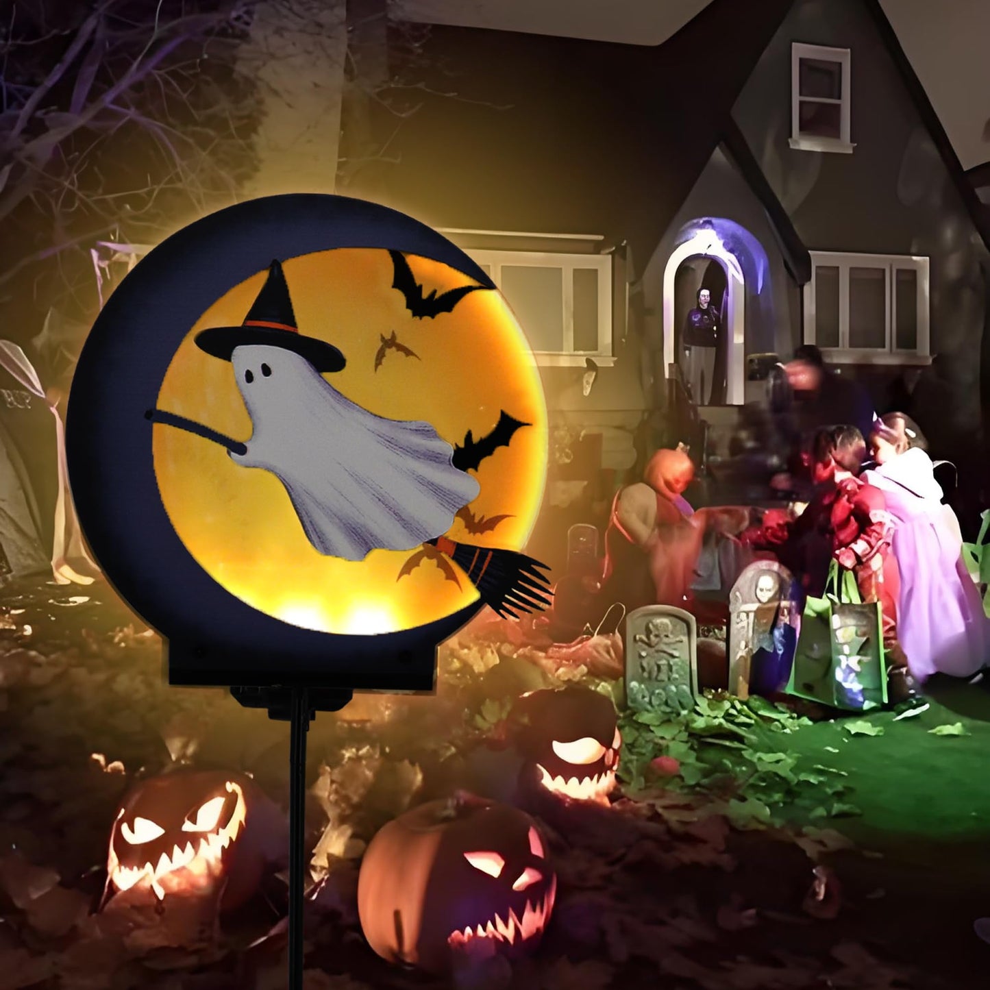 Halloween Ghost Solar Light Stakes Decorations Outdoor, Halloween Lights Ornaments Holiday Decorations Party, Ghost Moom Silhouette Outdoor Halloweens Decor