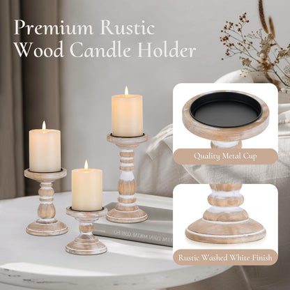 Inweder Wood Pillar Candle Holder: 3Pcs Rustic White Candle Holders for Pillar Candles Wood Candle Holders Distressed Wooden Farmhouse Candle Holder Large Rustic Candle Holder for Fireplace Table