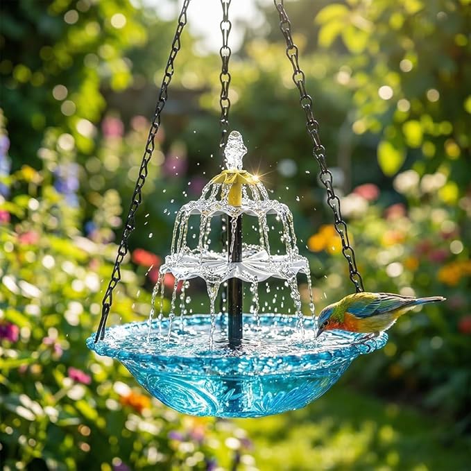 Solar Hanging Bird Bath with Fountain Cascade, Solar Powered Cascade Hanging Bird Bath Fountain with Solars Pump,for Outdoor and Gardens (Blue)
