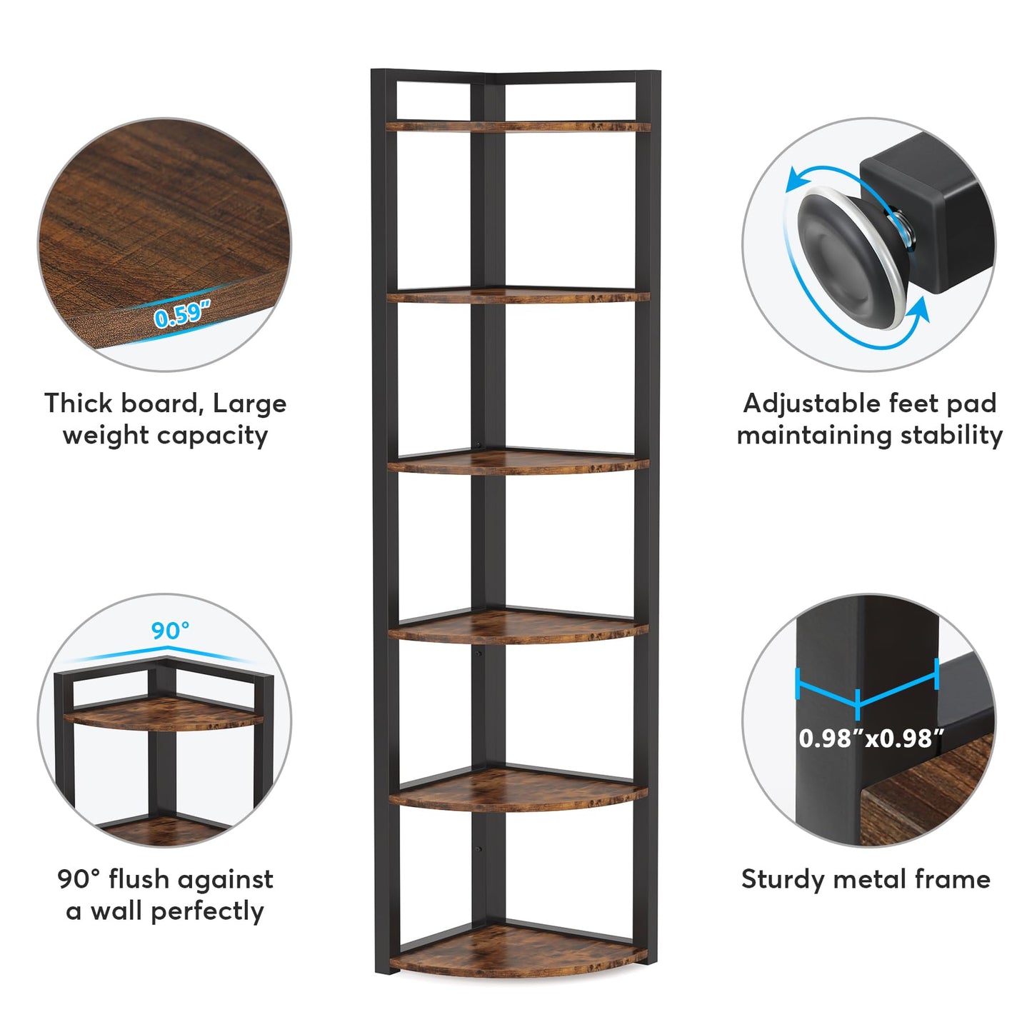 Tribesigns 6 Tier Corner Shelf, 70.9 Inch Tall Corner Bookshelf Small Bookcase Rustic Corner Shelving Unit Storage Rack for Living Room, Home Office, Kitchen, Small Space