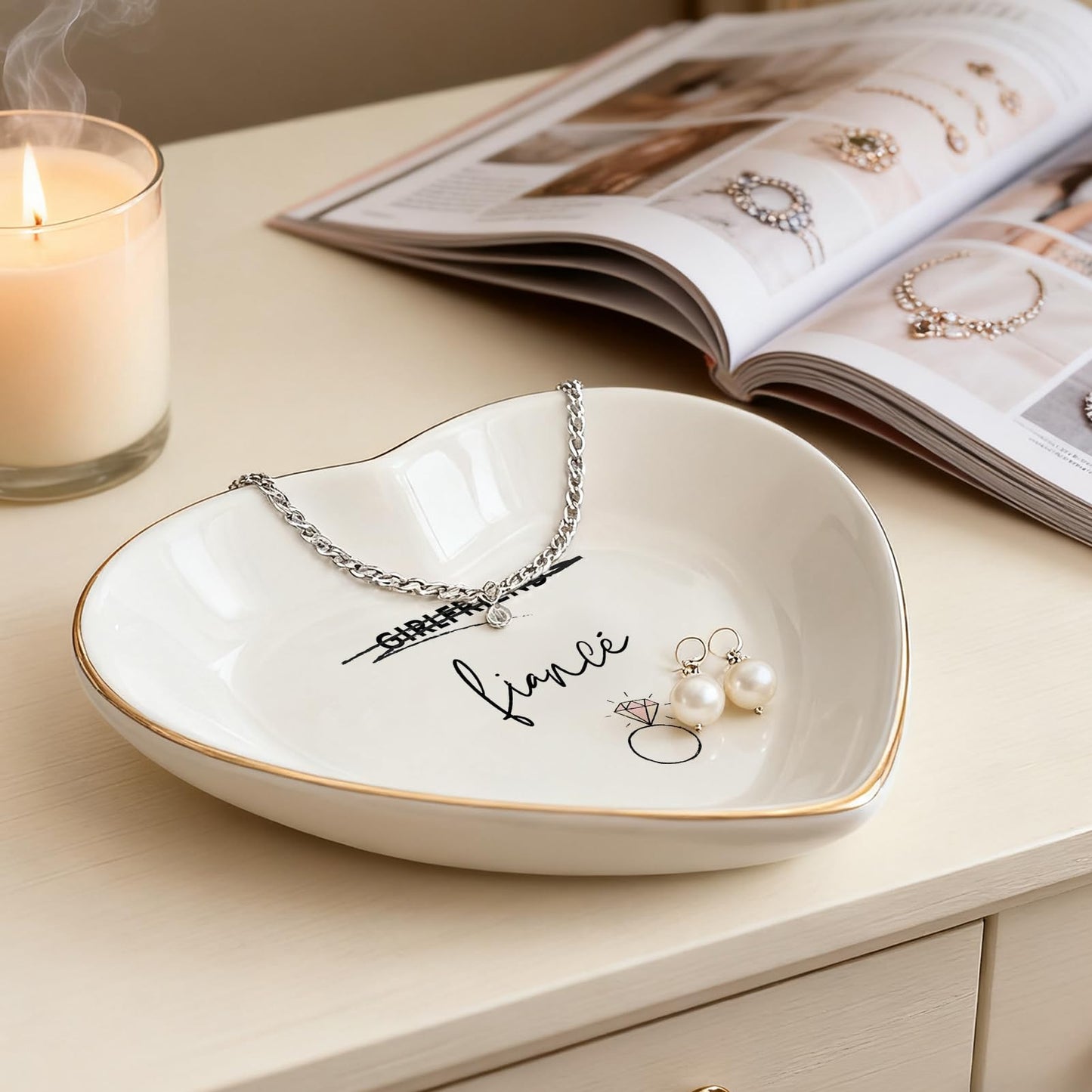 Vancsenia Fiance Jewelry Dish Tray – Engagement Ring Holder Ceramic Trinket Dish, Elegant Jewelry Organizer for Women, Bridal Shower Engagement Gift for Future Wife