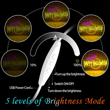 Gevbay Happy Halloween Neon Sign Bat LED Light Up for Bedroom Home Bar Halloween Decor Trick or Treat Party Backdrop USB Powered
