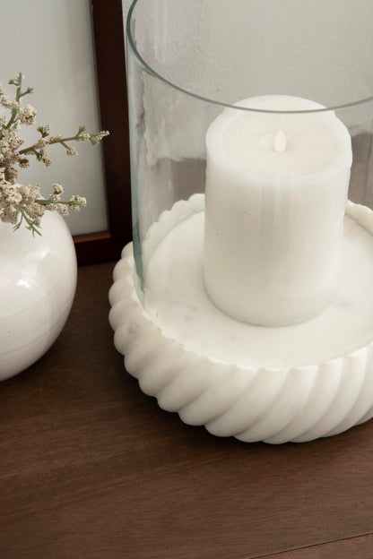 Kate and Laurel Trenza Modern Marble Candle Holder with Glass Cylinder, 8 x 8 x 9, White Marble, Transitional Twisted Base Pillar Candle Holder with Hurricane for Entryway or Living Room Decor