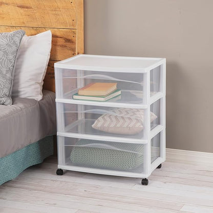 Sterilite 2-Pack Wide 3-Drawer Cart, Storage Closet Organizer with Wheels, White - Plastic Drawers and Containers for Bedroom, Cabinet, Clothes, Dresser, and Kitchen Pantry Organization