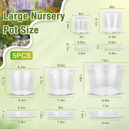 FUOAUYK 12/10/8/6/4 Inch Clear Nursery Pots with Drainage and Saucers, 20 Pack Large Clear Plastic Nursery Pots for Plants, Seedling Plant Pots for Repotting and Growing Plants, Flowers & Vegetables