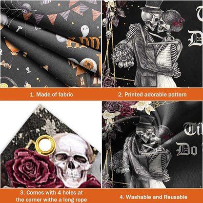 AIBIIN Halloween Till Death Do Us Part Backdrop Spooky Skull Gothic Wedding Photography Background Bridal Shower Bride and Groom Mr and Mrs Anniversary Party Decorations Banner 70.8 x 43.3 inch
