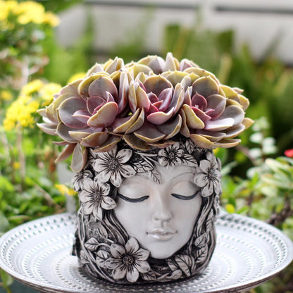 Bohemian Resin Face Planter Pot with Floral Design, Unique Human Head Succulent Pot with Drainage Hole, Weatherproof Lady Face Vase for Indoor Home, Outdoor Garden, Balcony & Desktop Greenery Decor