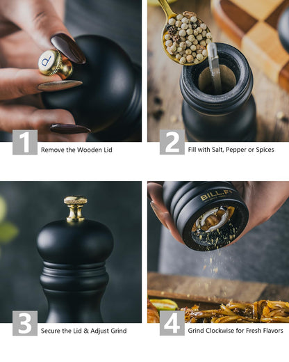 BILL.F Salt and Pepper Grinder Pepper Mill Wood Grinder Pepper Manual Grinders Salt Mill with Adjustable Ceramic Rotor -5.31 Inch Set of 2