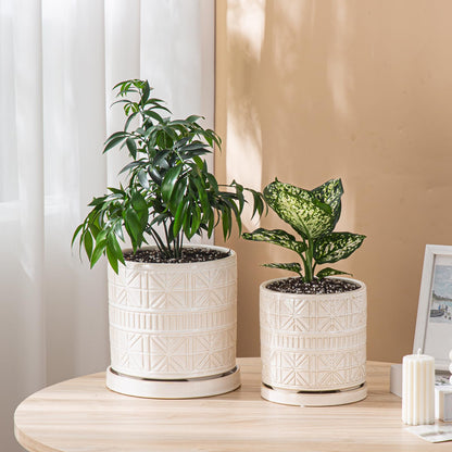 POITONRU Ceramic Plant Pots Indoor-Outdoor: 6 Inch Embossed Planters with Drainage Hole & Saucer - Modern Decorative Flower Pots for Home Garden Patio Office Decor