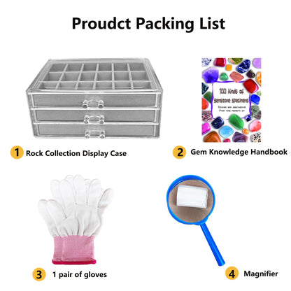 HEMYLU Acrylic Rock Collection Display Case for Kids, Crystals Displaying Box with 3 Drawers & 54 Grids and Gem Knowledge Handbook, Gemstone Organizer Showcase for Gem Enthusiasts