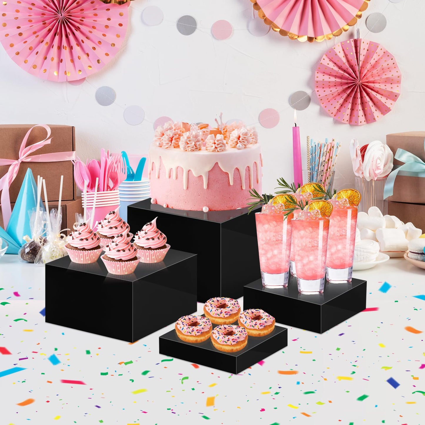 Buffet Risers Set of 8 Acrylic Cube Display Stands Box Risers with Hollow Bottoms 4 Different Size Dessert Table Display Set Food Nesting Risers for Buffet Table, Cupcake Candy Food, Parties, Brunch, Weddings (8 PCS Black Cube)