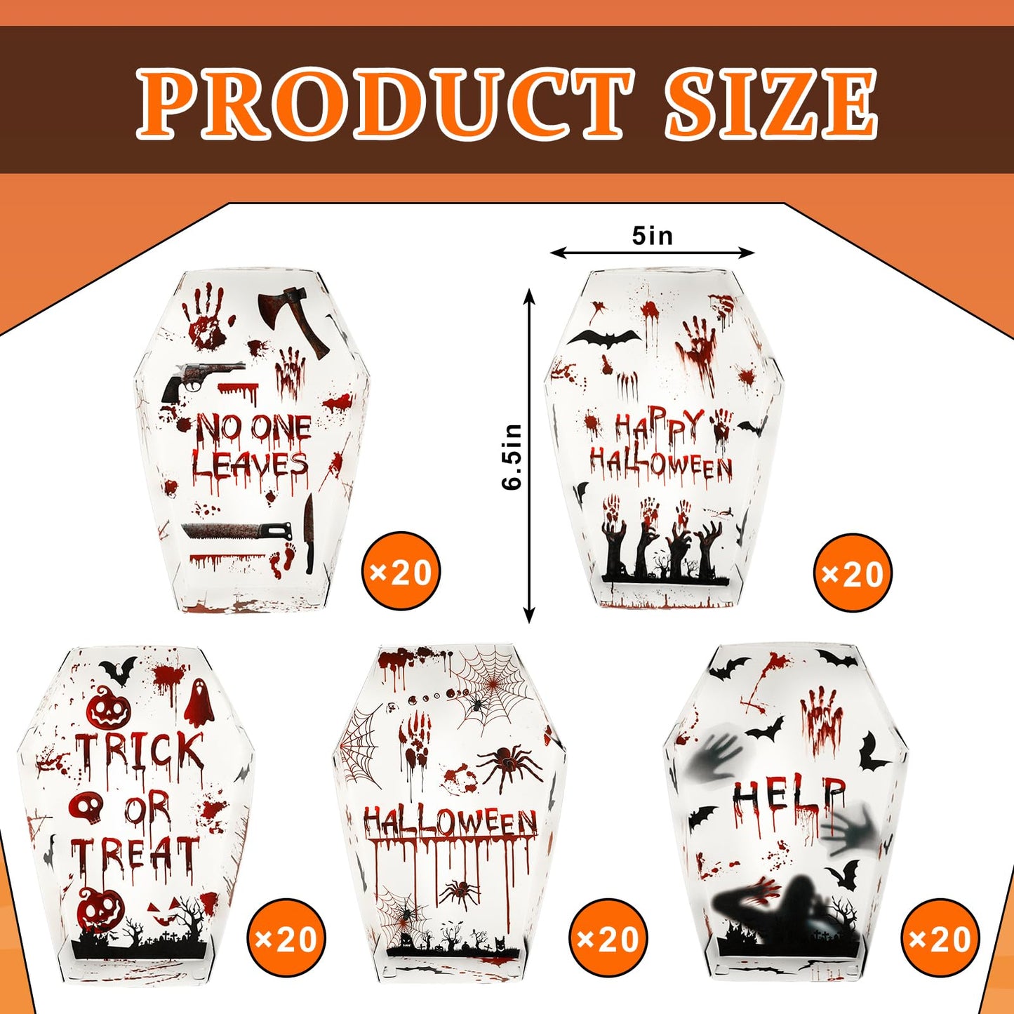 JarThenaAMCS 100Pcs Halloween Coffin Snack Trays Bloody Paper Food Trays Scary Handprint Bat Skull Coffin Boxes for Halloween Trick or Treat Party Food Storage Serving Supplies