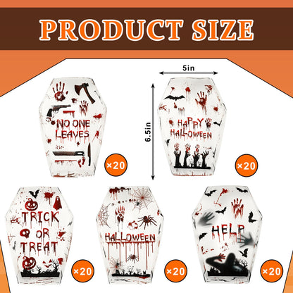 JarThenaAMCS 100Pcs Halloween Coffin Snack Trays Bloody Paper Food Trays Scary Handprint Bat Skull Coffin Boxes for Halloween Trick or Treat Party Food Storage Serving Supplies
