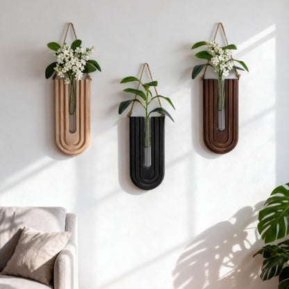 Wooden Wall Vase Set of 3, Propagation Vases Hanging Planters for Indoor Plants, Wall Mounted Vase Boho Modern Farmhouse Decor for Entryway Hallway