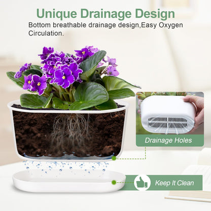 Oliz Set of 4 White Oval Window Sill Planters with Drainage Holes and Trays（7 Inch） for Herbs Basil Orchids Succulents, Modern Herb Garden Planter for Indoor/Outdoor Plants