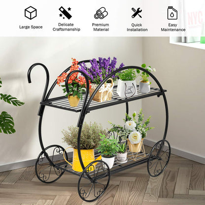 Giantex Garden Cart Metal Plant Stand with 4 Decorative Wheels, Succulent Collection Flower Pot Holder Display Shelf for Home Patio Garden Flower Shop, Parisian Style Plant Potted Rack (2-Tier)