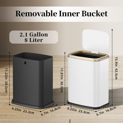 KHMMGK 2.1 Gallon Bathroom Trash Can with Lid Press Top, 8 Liter Stainless Steel Garbage Can with Press Type Lid, Slim Trash Bin Waste Basket for Toilet, Office, Bedroom, Living Room (White)
