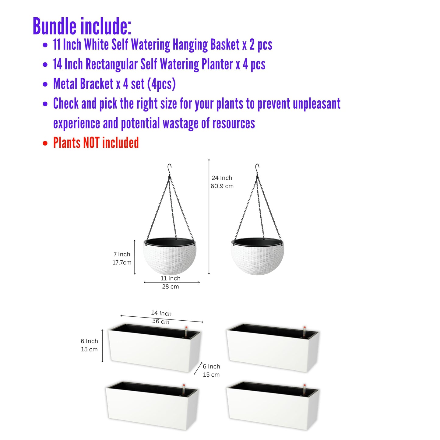 LaLaGreen Bundle- 4 Pack, 14 Inch Rectangular Self Watering Planter + 2 Pack, 11 Inch Round Self Watering Basket Rattan Style Balcony Flower Pot Window Wall Mount Plants Boxes Modern Home Garden Decor