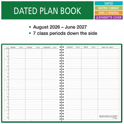 Elan Publishing Company Dated Teacher Lesson Plan 7 Period: Days Horizontally Across The Top Dated for 2026-2027 Academic Year (Green)