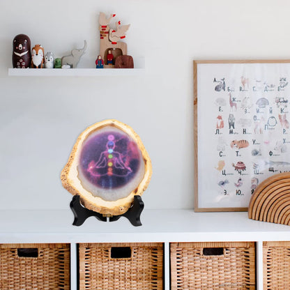 Nupuyai 7 Chakra Healing Agate Slice Yoga Prints with Wooden Stand Irregular Crystal Geode Agate Stone Art Decor for Home Office Tabletop, Purple