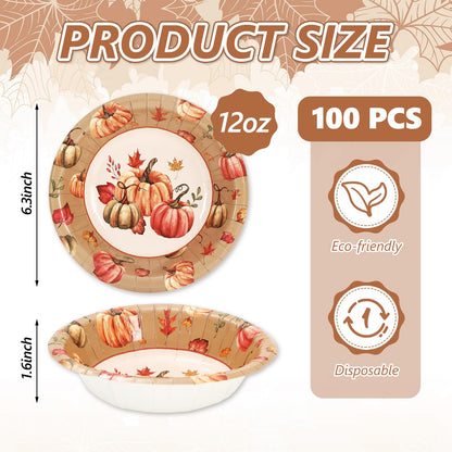 Whaline 100 Pcs Fall Paper Bowls Pumpkin Leaves Disposable Serving Bowls Watercolor Pumpkin Ice Cream Bowl for Autumn Thanksgiving Party Supplies