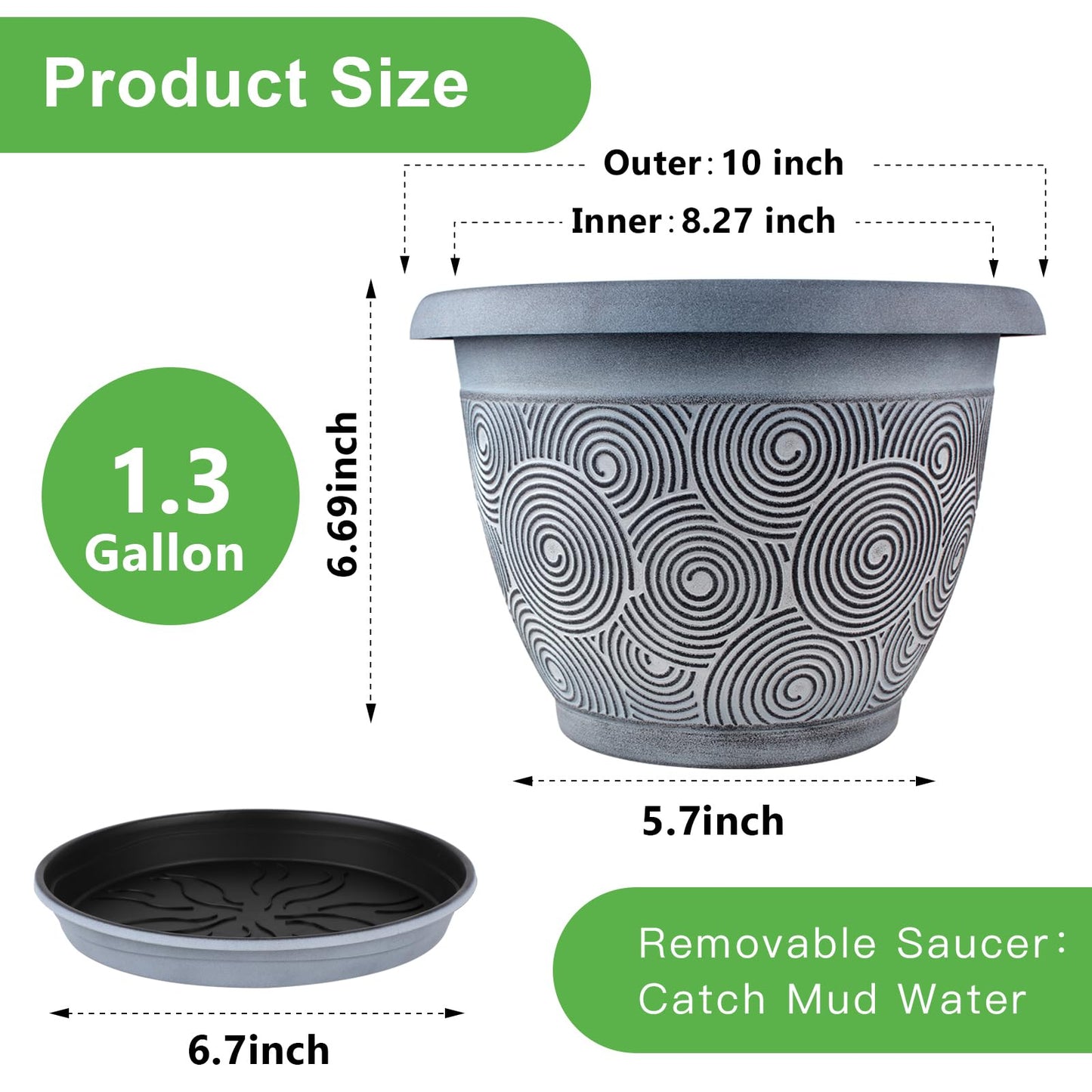10 Inch Flower Pots Planters for Indoor Outdoor Plants, 3 Pack Plastic Large Plant Pots with Drainage Hole & Tray, Modern Decorative Garden Pot with Saucer, Plant Container for House