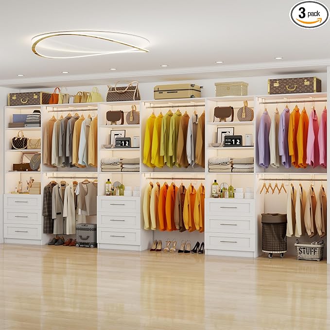 Closet System with 9 Drawers, 11-17FT Closet Organizer System with Cuttable Shelves for Walk in Closet with 9 Expandable Hanging Rods, Heavy Duty Built-in Closet for Bedroom, White(3 Sets)