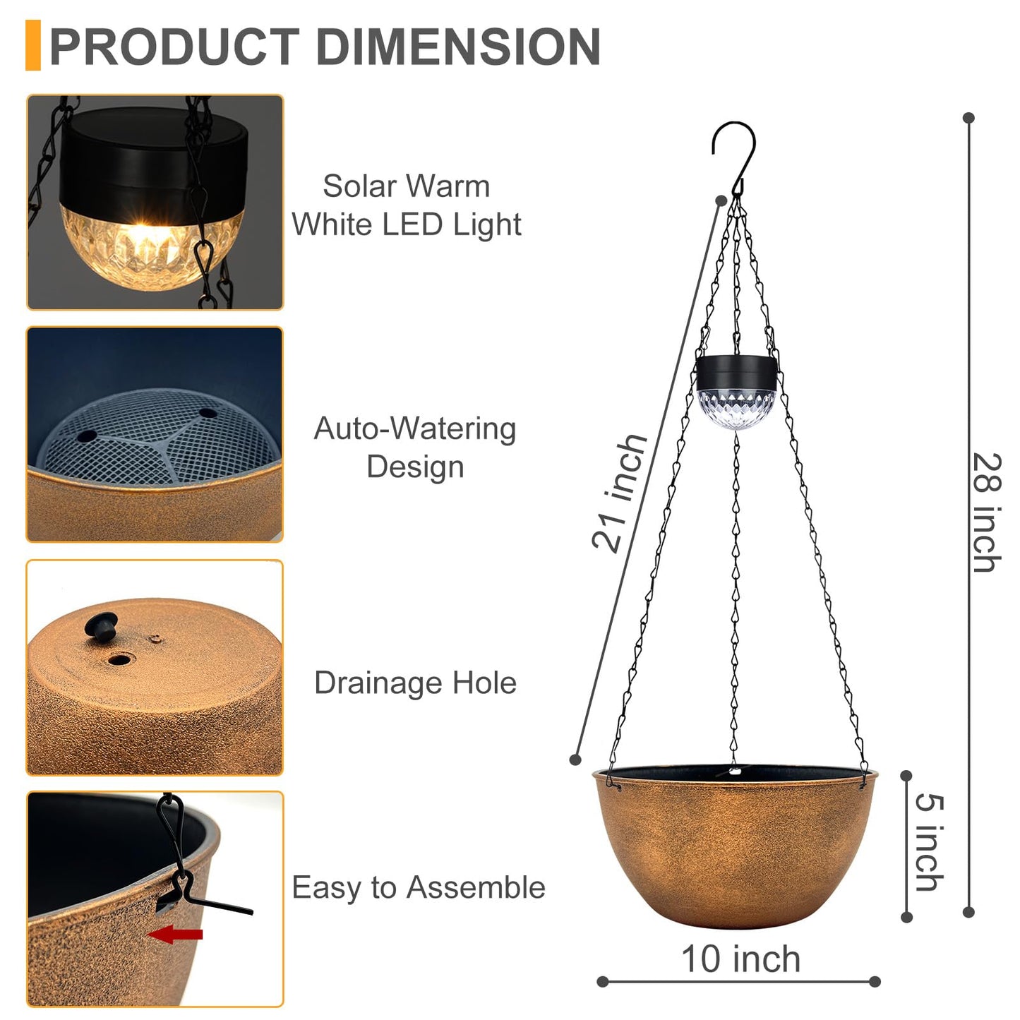 2 Packs Hanging Planters Basket for Outdoor Plants, Solar Powered Self Watering Bronze Round Plastic Flower Pots with Drainer for Balcony Patio Garden Outdoor Decoration