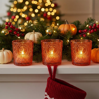 12 Pack Patented Sun Moon Star Embossed Glass Tea Light Candle Holders - Unique Votive Candle Holders for Wedding, Party, and Table Centerpieces (Pumpkin Spice)