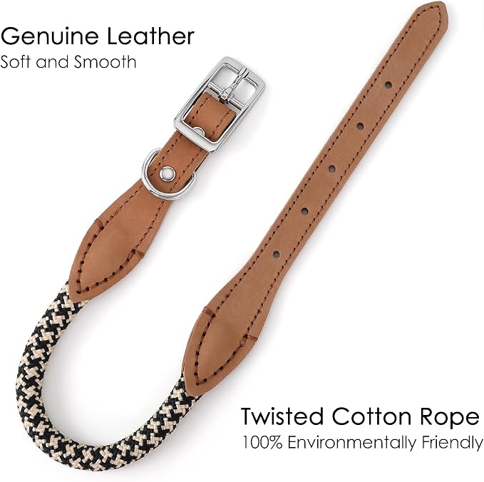 Mile High Life Genuine Leather Dog Collar, Durable Braided Cotton Rope Collar with Metal Pin Buckle for Small Medium Large Dogs (Black Khaki, S Neck 11"-15")
