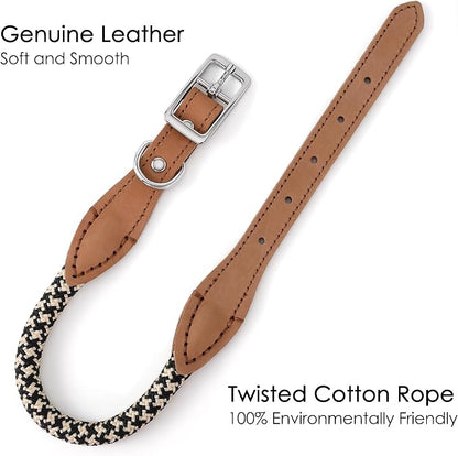 Mile High Life Genuine Leather Dog Collar, Durable Braided Cotton Rope Collar with Metal Pin Buckle for Small Medium Large Dogs (Black Khaki, L Neck 17"-21")